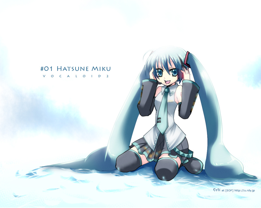 blue_eyes, blue_hair, celi, hatsune_miku, headphones, long_hair, skirt, thigh-highs, twintails, vocaloid