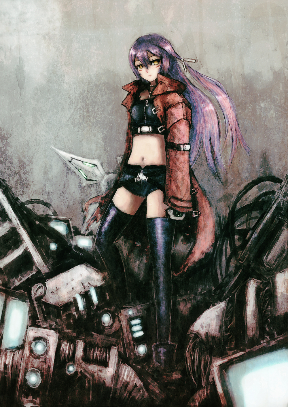 belt, black_hair, blackball, buckle, cable, gloves, hair_ribbon, highres