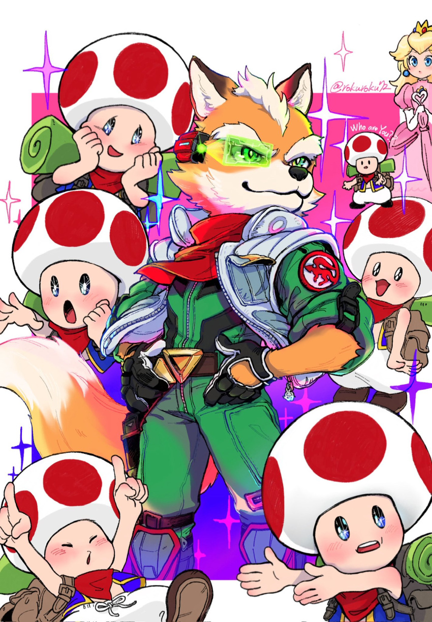 1girl, 6+boys, :d, :o, animal_ears, arms_up, backpack, bag