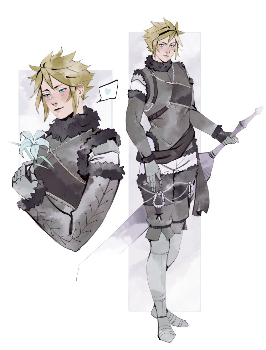 absurdres, arm_up, armor, belt, black_belt, black_fur, black_shorts, blonde_hair