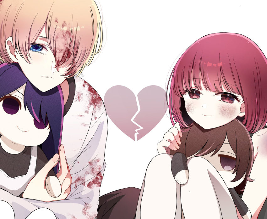 1boy, 1girl, arima_kana, blood, blood_in_hair, blood_on_clothes, blue_eyes, blunt_bangs