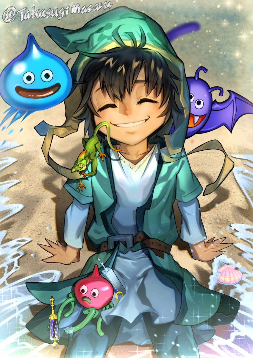 1boy, absurdres, aqua_hat, aqua_jacket, beach, belt, black_hair, brown_belt