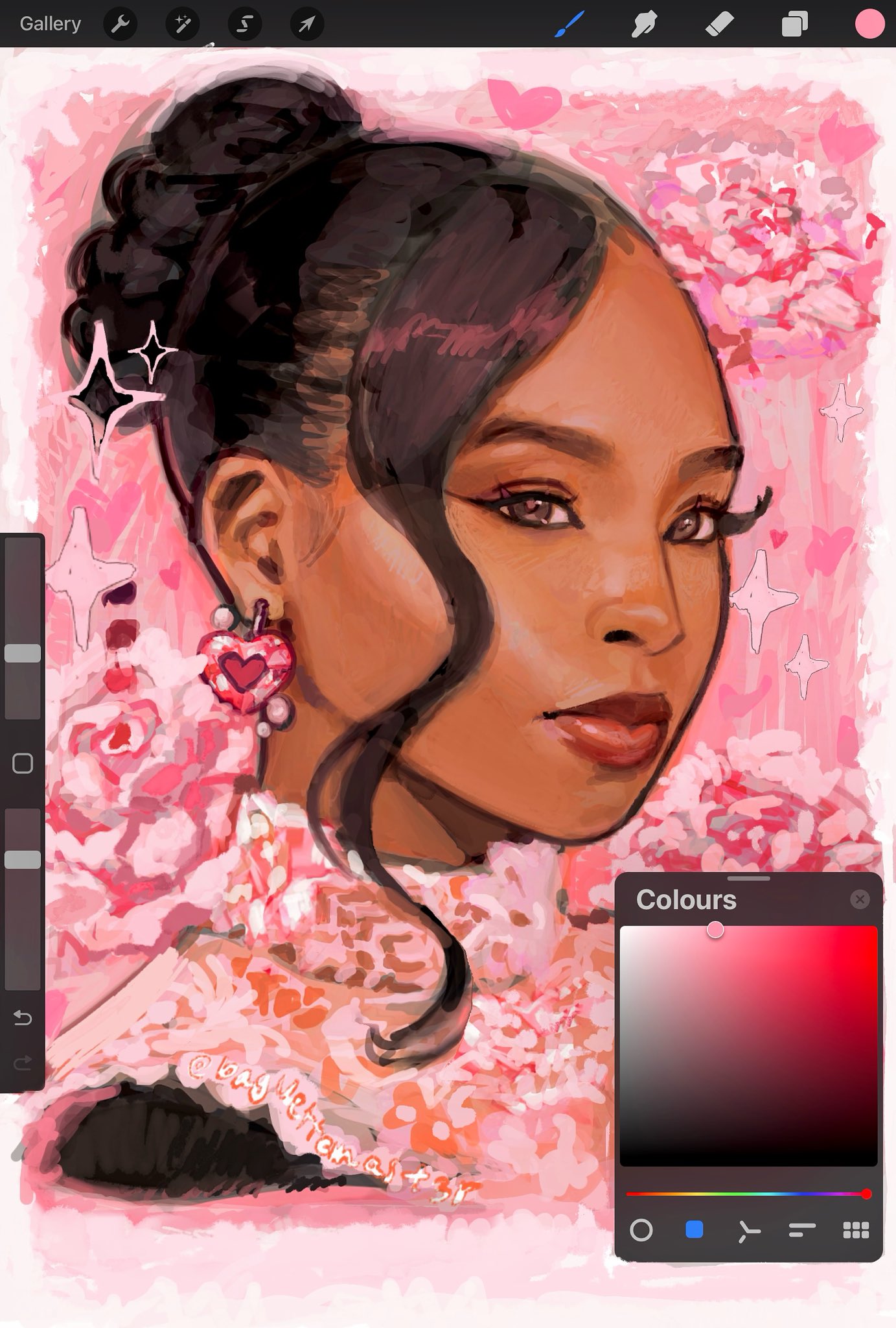 1girl, art_program_in_frame, baguettemast3r, black_bun, black_eyeliner, black_hair, brown_eyes, closed_mouth