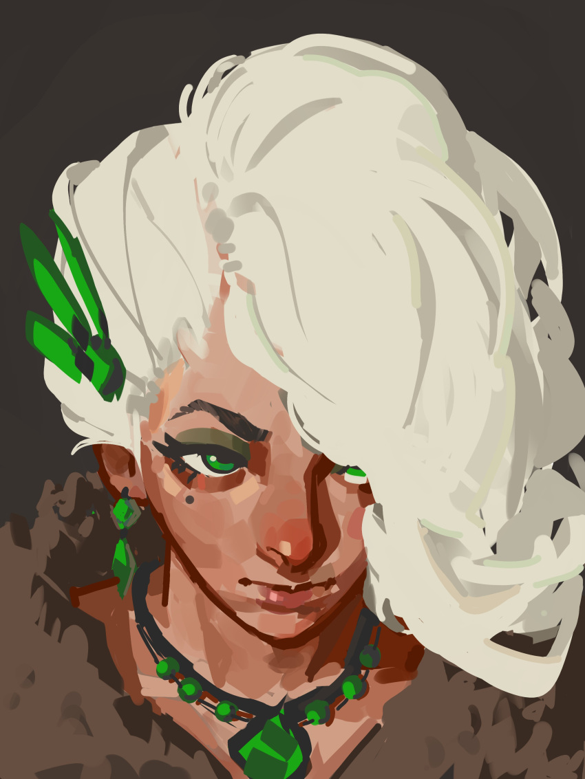 1girl, absurdres, black_eyeliner, blonde_hair, closed_mouth, commentary, deadlock_(game), eyeliner, eyeshadow, green_eyes, green_eyeshadow, hair_over_one_eye, highres, jewelry, lady_geist_(deadlock), looking_to_the_side, makeup, mascara, mole, necklace, pitganart, simple_background, solo, white_hair