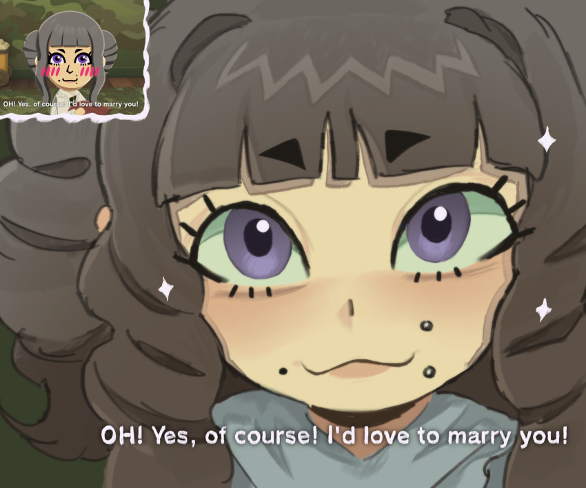 1girl, :3, blunt_bangs, blush, brown_hair, closed_mouth, commentary, english_commentary