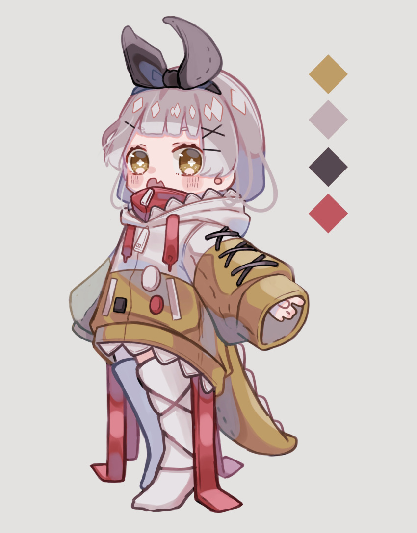 1girl, abstract, abstract_background, absurdres, bare_legs, black_ribbon, chibi, commentary_request, crocodile_hood, crocodilian_tail, diamond_(shape), eyelashes, facing_viewer, full_body, grey_hair, highres, hood, jacket, long_sleeves, looking_at_viewer, open_mouth, original, red_ribbon, ribbon, shimata_(simataaaa01), simple_background, socks, solo, solo_focus, tail, white_background, white_jacket, white_socks, yellow_eyes, yellow_jacket, yellow_tail, zipper