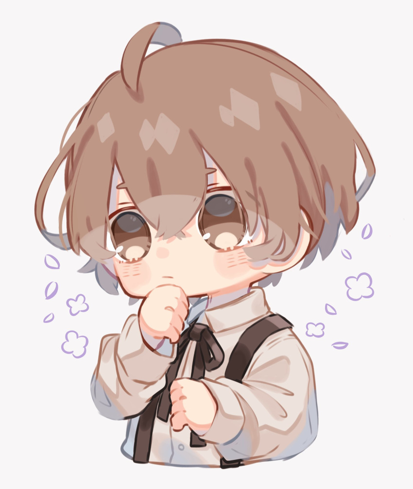 1boy, abstract_background, ahoge, brown_eyes, brown_hair, brown_ribbon, close-up, commentary_request, eyelashes, facing_viewer, hair_between_eyes, hand_up, highres, kagami_hayato, long_sleeves, looking_at_viewer, male_focus, nijisanji, pondering, ribbon, shimata_(simataaaa01), short_hair, simple_background, smc-gumi_(nijisanji), solo, solo_focus, suspenders, upper_body, virtual_youtuber, white_background