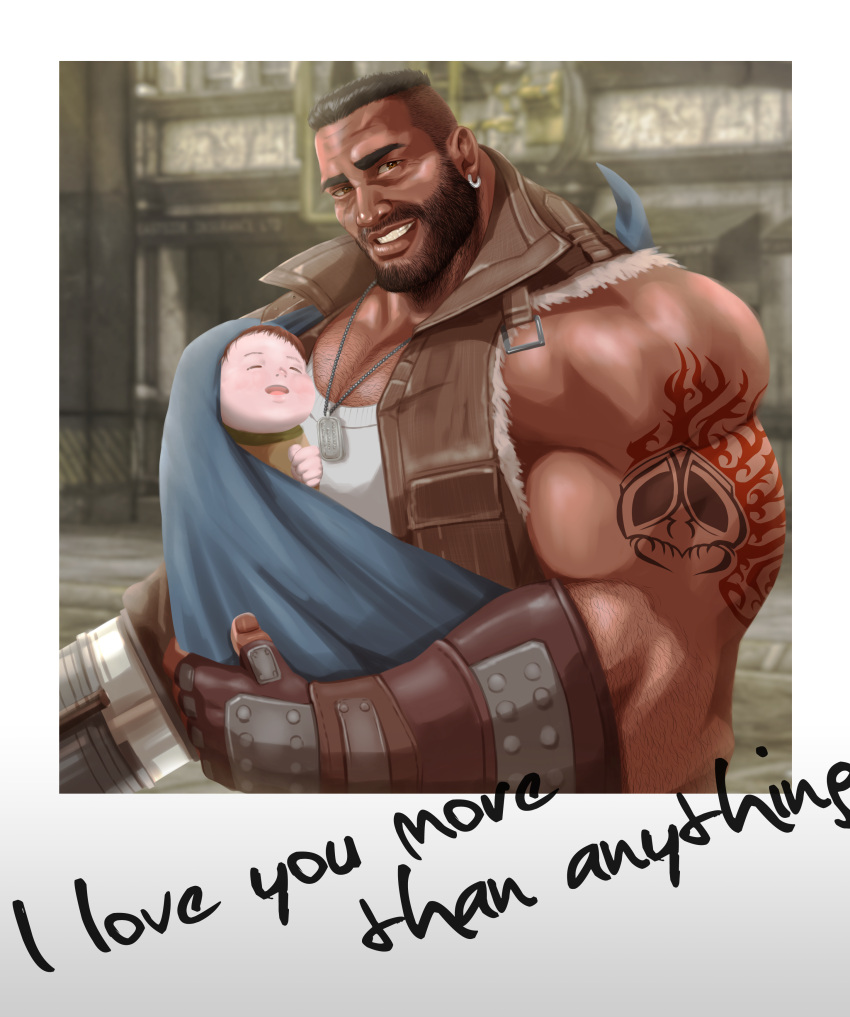 1boy, 1girl, absurdres, adoptive_parent_and_adoptive_child, arm_hair, arm_tattoo, baby, baby_carry