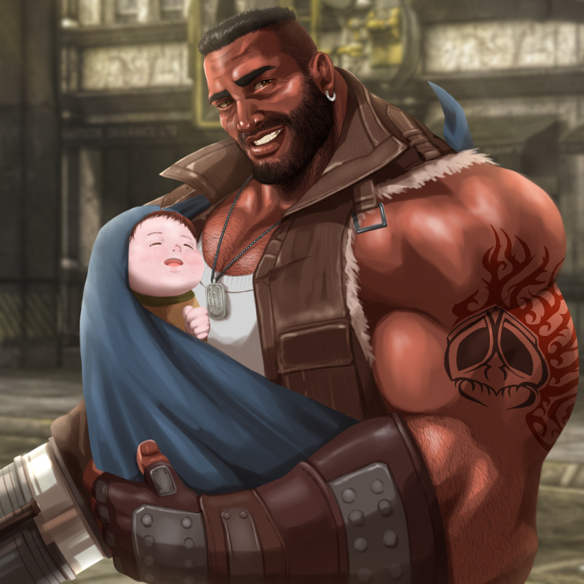 1boy, 1girl, absurdres, adoptive_parent_and_adoptive_child, arm_hair, arm_tattoo, baby, baby_carry