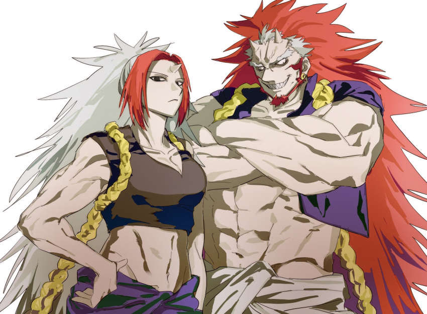 allo_x_x, beard, commentary_request, facial_hair, hidari_(yomi_no_tsugai), highres, huge_pectorals, migi_(yomi_no_tsugai), multicolored_hair, muscular, muscular_arms, muscular_female, muscular_male, red_hair, small_horns, white_hair, yomi_no_tsugai