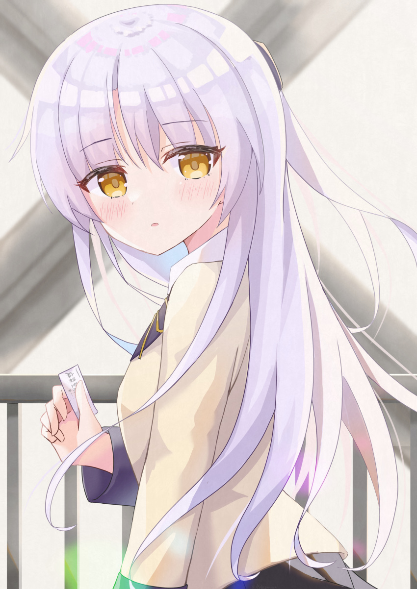 1girl, absurdres, angel_beats!, black_skirt, blush, commentary, cowboy_shot, eyes_visible_through_hair