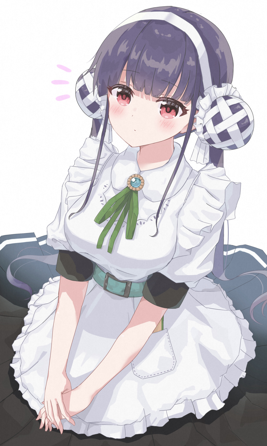 1girl, absurdres, apron, belt, black_skirt, blue_hair, blunt_bangs, blush