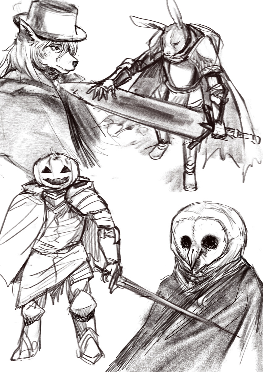 absurdres, animal_ears, armor, bird, black_cloak, black_eyes, black_souls, black_souls_2
