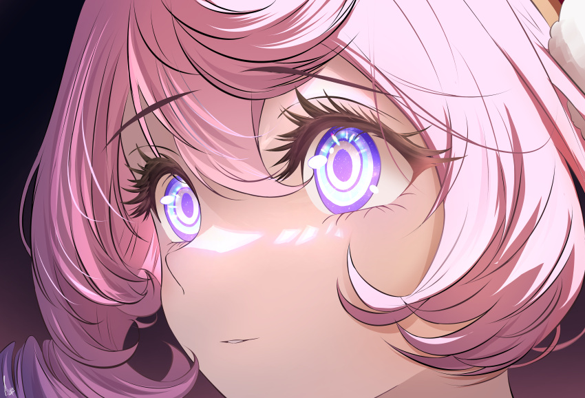 1girl, absurdres, abysssian, commentary, dark_background, drill_hair, eye_focus, hair_between_eyes, highres, honkai:_star_rail, honkai_(series), hyacine_(honkai:_star_rail), looking_to_the_side, parted_lips, pink_hair, short_hair, signature, simple_background, solo, violet_eyes