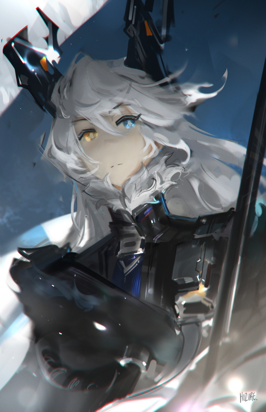 1girl, absurdres, artist_name, black_coat, black_horns, blurry, closed_eyes, closed_mouth