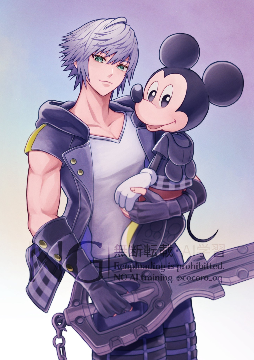 2boys, animal_ears, aqua_eyes, black_eyes, black_gloves, black_jacket, blue_pants, closed_mouth, cocoro_oq, commentary_request, cowboy_shot, creature, disney, gloves, gradient_background, grey_hair, hair_between_eyes, highres, holding, holding_creature, holding_weapon, hood, hood_down, hooded_jacket, jacket, keyblade, kingdom_hearts, kingdom_hearts_iii, light_smile, male_focus, mickey_mouse, mouse_boy, mouse_ears, mouse_tail, multiple_boys, pants, parted_lips, riku_(kingdom_hearts), shirt, short_hair, short_sleeves, tail, v-neck, weapon, white_gloves, white_shirt