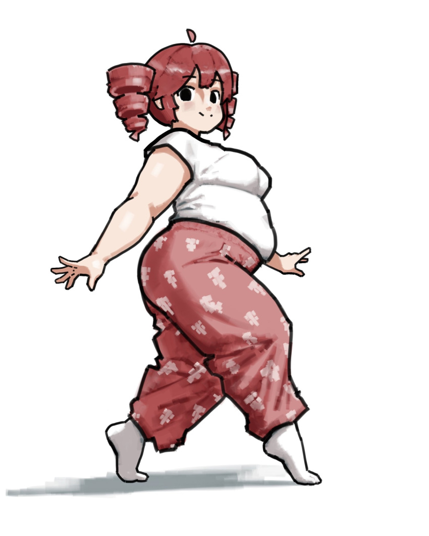 1girl, big_belly, black_eyes, breasts, drill_hair, fat, from_side, highres