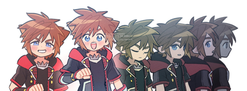 1boy, black_jacket, black_shirt, blue_eyes, blush, brown_hair, closed_eyes, closed_mouth, crown_necklace, grin, highres, hood, hood_down, hooded_jacket, jacket, kingdom_hearts, kingdom_hearts_iii, male_focus, mokuzi, multiple_views, open_mouth, parted_lips, shirt, short_hair, short_sleeves, smile, sora_(kingdom_hearts), spiky_hair, teeth, upper_body, white_background