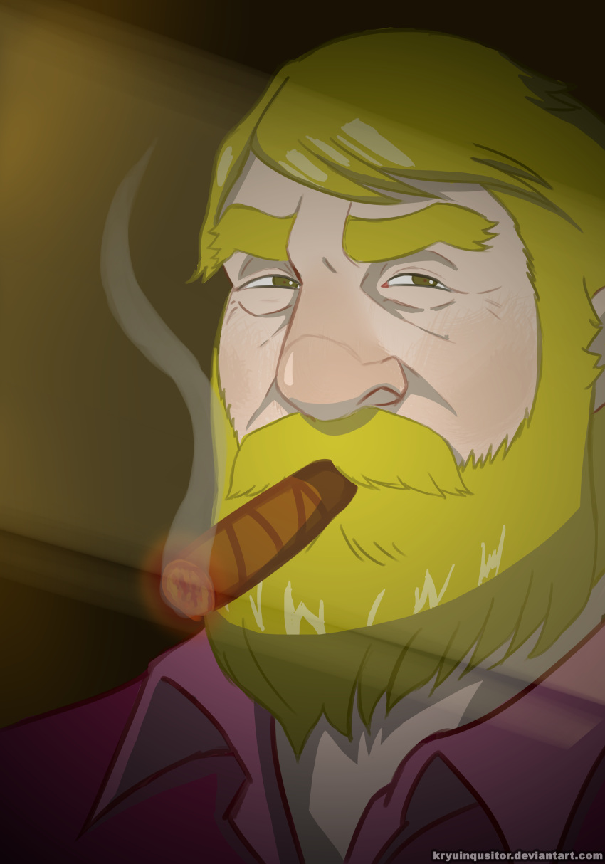 1boy, absurdres, artist_name, beard, blonde_hair, chikemuri_no_ishikawa_goemon, cigar, commentary, deviantart_username, english_commentary, facial_hair, grey_eyes, hawk_(lupin_iii), highres, kryuinquisitor, lupin_iii, male_focus, mouth_hold, mustache, red_shirt, shirt, short_hair, smoke, smoking, solo, thick_eyebrows, web_address