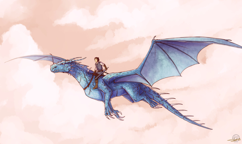1boy, 1other, belt, blue_tunic, boots, bracer, brown_belt, brown_boots, brown_eyes, brown_hair, brown_pants, claws, commentary, dated, dragon, dragon_horns, dragon_tail, dragon_wings, eastern_dragon, english_commentary, eragon, eragon_(character), fangs, flying, holding, holding_sword, holding_weapon, horns, long_sleeves, outdoors, pants, riding_dragon, saddle, saphira_(eragon), shirt, short_hair, signature, sky, slit_pupils, spikes, sword, tail, ticcy, tunic, weapon, white_shirt, wings