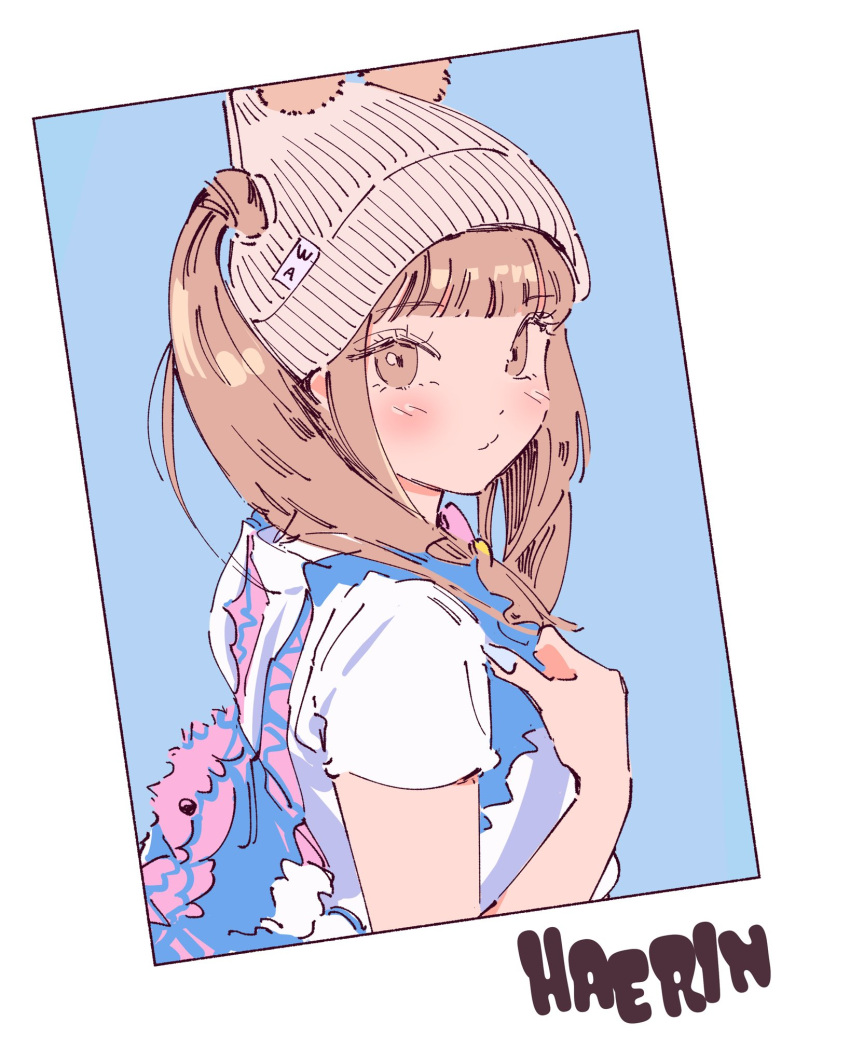 1girl, animification, backpack, bag, blue_background, blush, border, brown_eyes