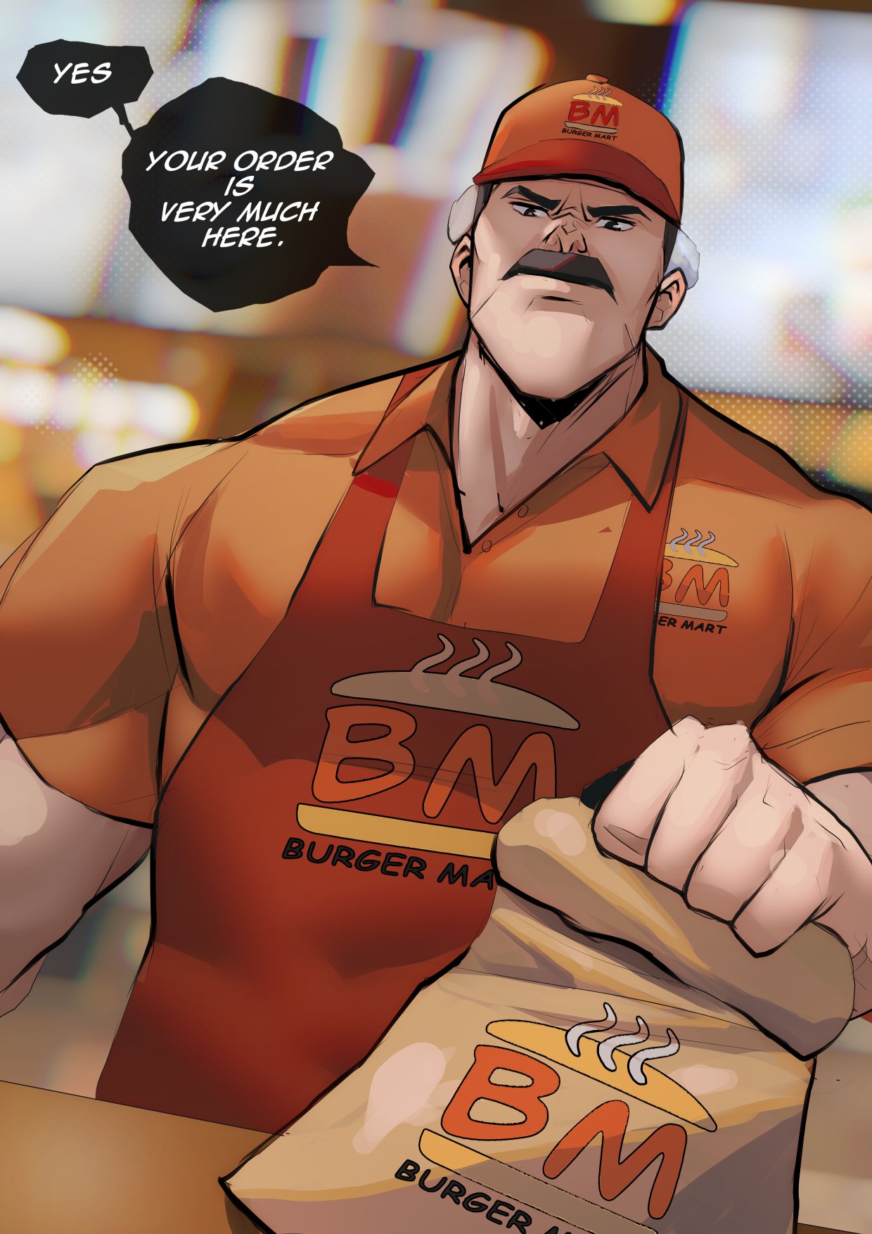 1boy, apron, bag, baseball_cap, black_hair, blurry, blurry_background, burger