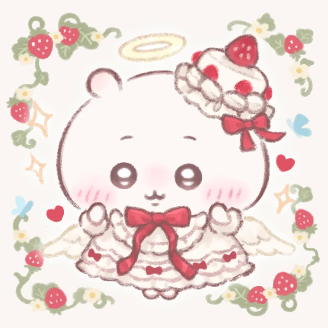 angel, angel_wings, blush, bug, butterfly, cake, chiikawa, chiikawa_(character), commentary_request, flower, food, fruit, hair_ribbon, halo, hat, kikicocono, neck_ribbon, red_ribbon, ribbon, solo, strawberry, strawberry_shortcake, wings, yellow_halo