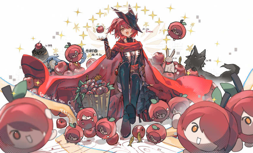 absurdres, apple, arknights, baiyuyi, belt, black_boots, black_dress, black_sleeves