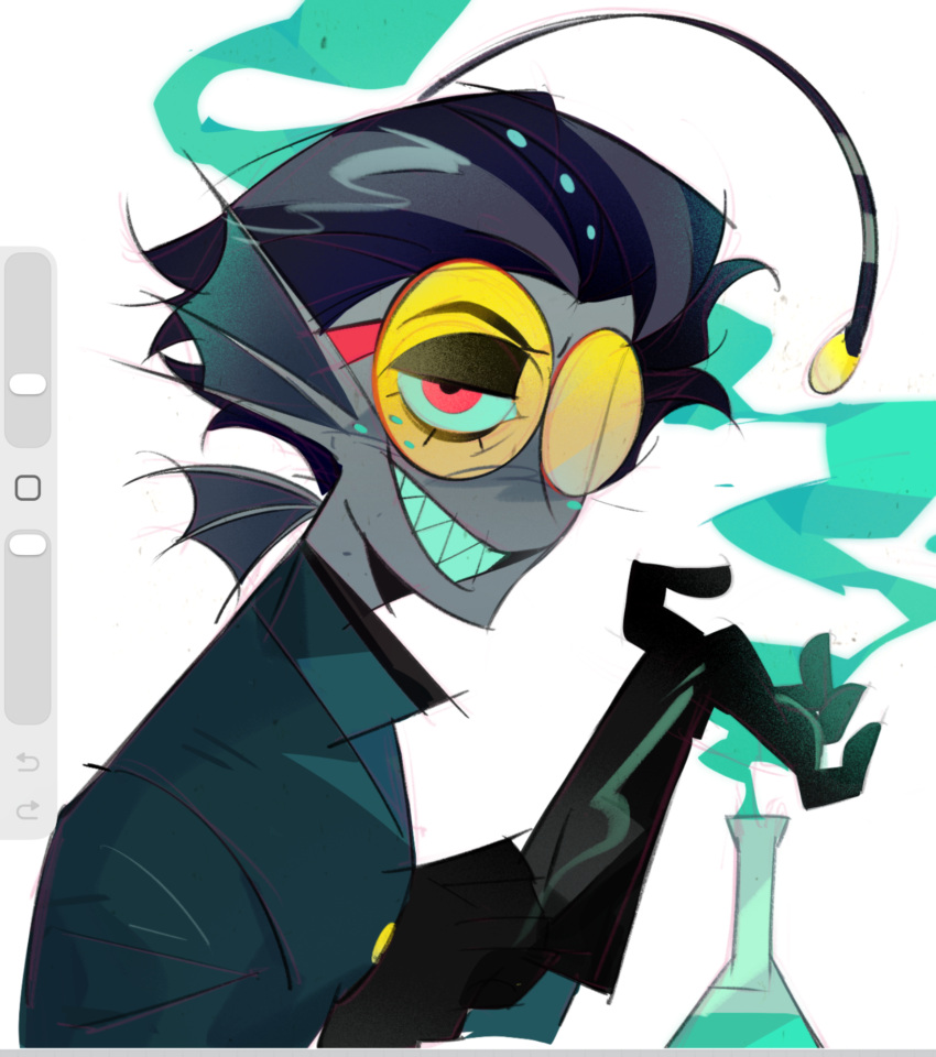 1boy, :d, adjusting_clothes, adjusting_gloves, anglerfish_boy, art_program_in_frame, baxter_(hazbin_hotel), black_eyeshadow