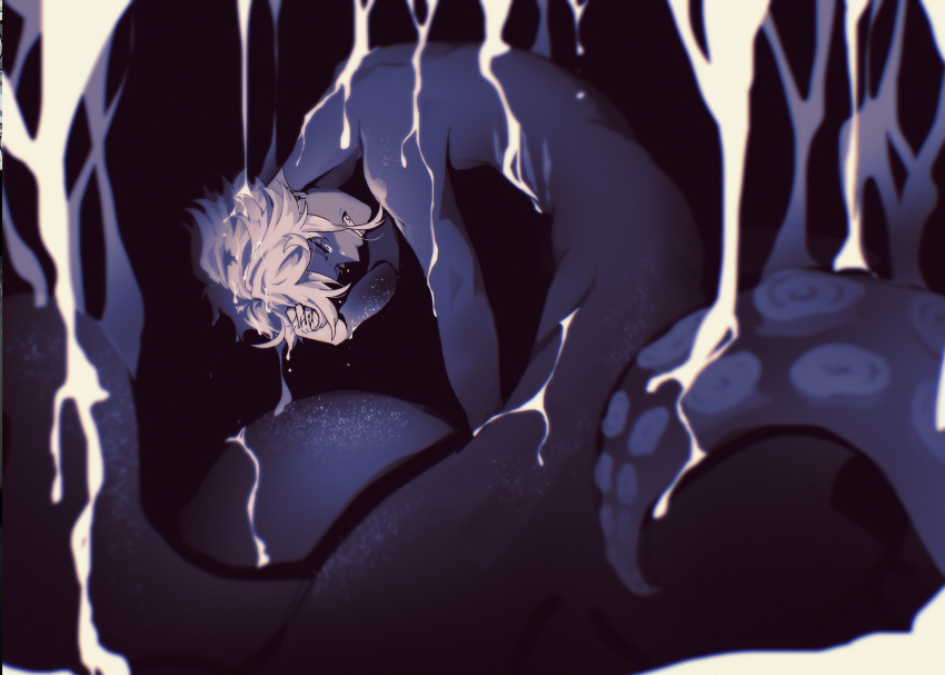 1boy, absurdres, azul_ashengrotto, azul_ashengrotto_(octopus), black_background, colored_skin, commentary, crying