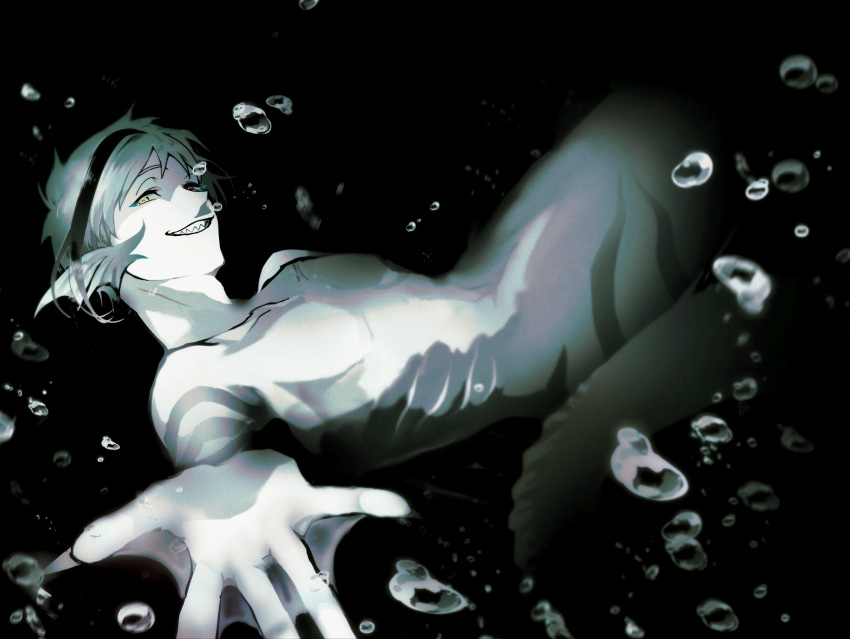 1boy, absurdres, bubble, commentary, fins, floyd_leech, floyd_leech_(eel), green_hair, grin, head_fins, highres, lie_(ookomari), limited_palette, looking_at_viewer, male_focus, merfolk, merman, monster_boy, multicolored_hair, reaching, reaching_towards_viewer, sharp_teeth, short_hair, smile, solo, streaked_hair, teeth, twisted_wonderland, underwater, webbed_hands, yellow_eyes