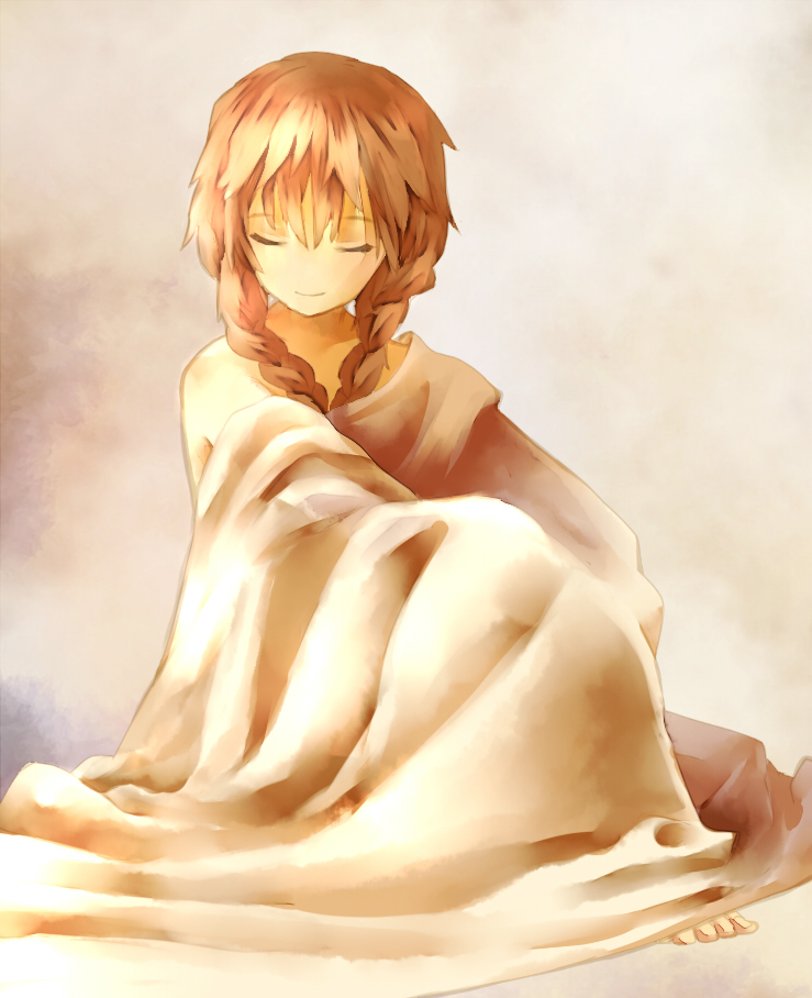 bed_sheet, braid, brown_hair, closed_eyes, eyes_closed, light, madotsuki, naked_sheet, pochiron, sitting, smile, solo, twin_braids, yume_nikki