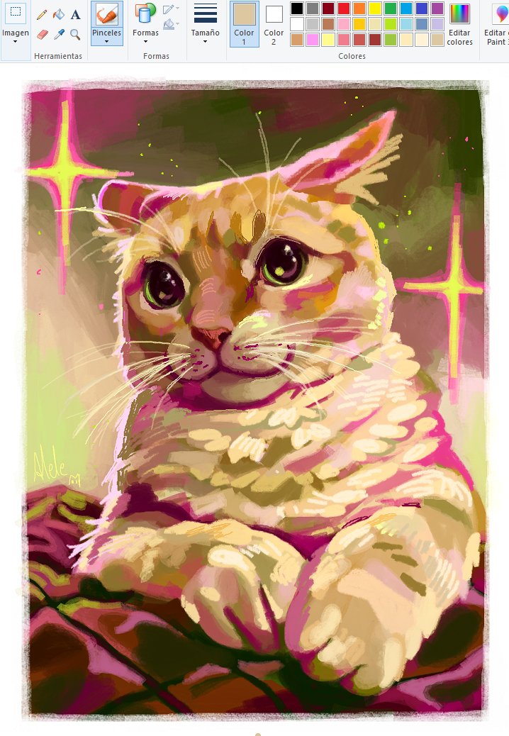alwaysalele, animal_focus, art_program_in_frame, border, cat, closed_mouth, commentary, green_eyes, looking_at_viewer, microsoft_paint_(medium), no_humans, orange_cat, original, solo, spanish_commentary, sparkle, whiskers, white_border