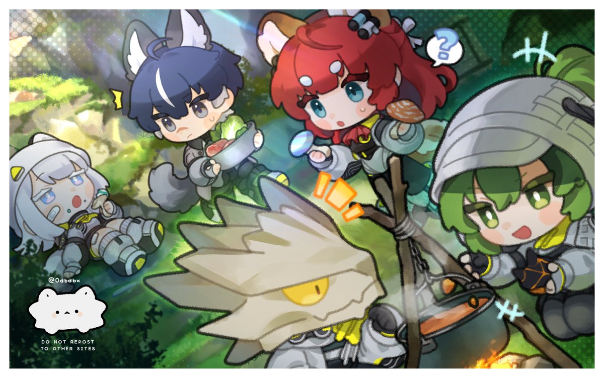 +++, 2boys, 3girls, :o, ?, ^^^, akekuri_(arknights), animal_ear_fluff