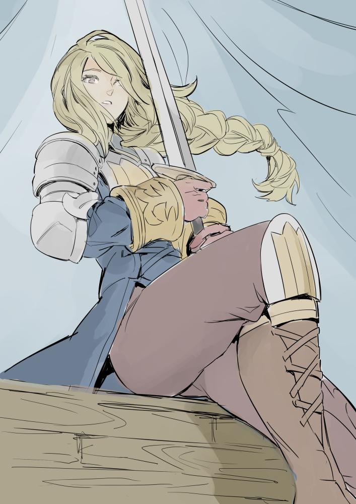 1girl, agrias_oaks, armor, blonde_hair, blue_coat, boots, braid, brown_boots, brown_pants, coat, feet_out_of_frame, final_fantasy, final_fantasy_tactics, gloves, hair_over_one_eye, holding, holding_sword, holding_weapon, long_hair, nakade1, pants, parted_bangs, parted_lips, shoulder_armor, single_braid, sitting, sketch, solo, sword, weapon