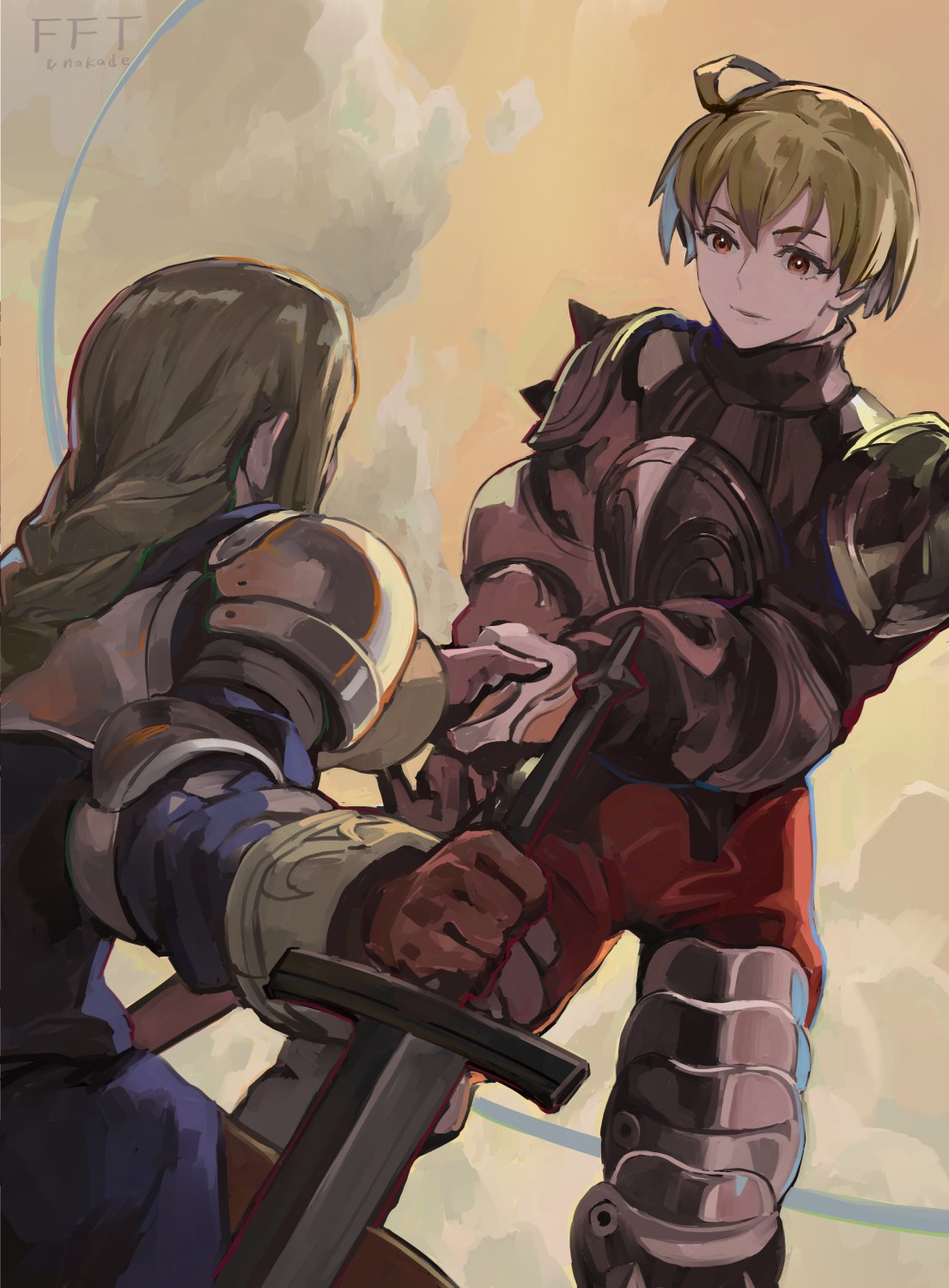 1boy, 1girl, agrias_oaks, ahoge, armor, blonde_hair, blue_coat, boots
