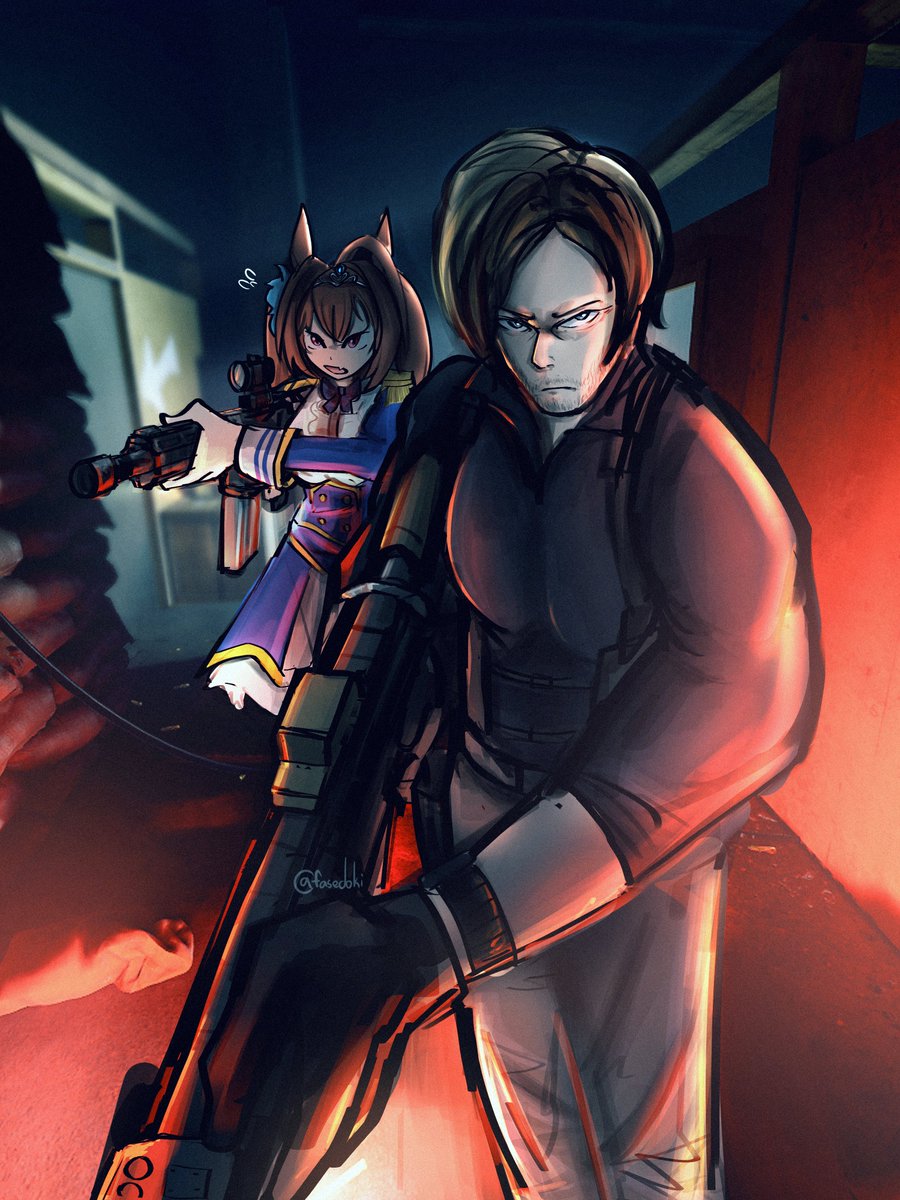 1boy, 1girl, animal_ears, assault_rifle, beard_stubble, black_gloves, breasts, brown_hair