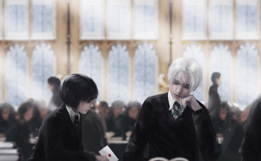 1boy, 1girl, absurdres, black_hair, black_sweater, blonde_hair, blunt_bangs, blunt_ends