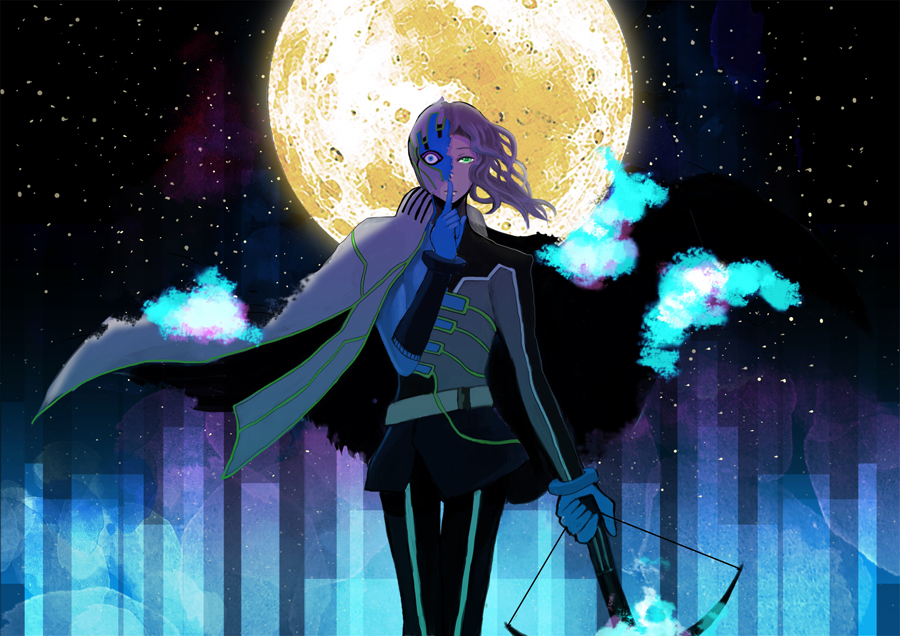 blue_fire, blue_flame, bow_(weapon), cape, crossbow, est_(delafee), fire, full_moon
