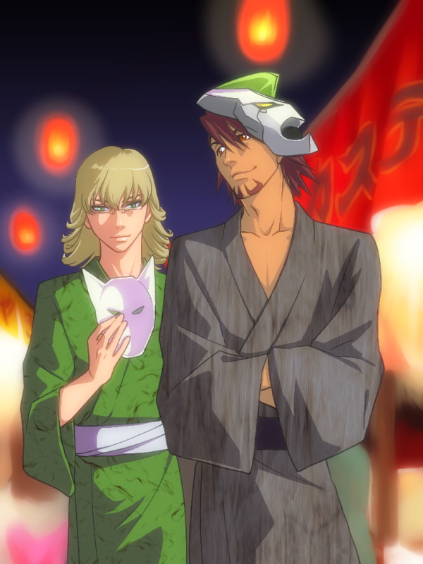 barnaby_brooks_jr, blonde_hair, brown_eyes, brown_hair, glasses, green_eyes, hamine, japanese_clothes, kaburagi_t_kotetsu, kimono, male, mask, multiple_boys, superhero, tiger_&amp;_bunny, wild_tiger, yukata