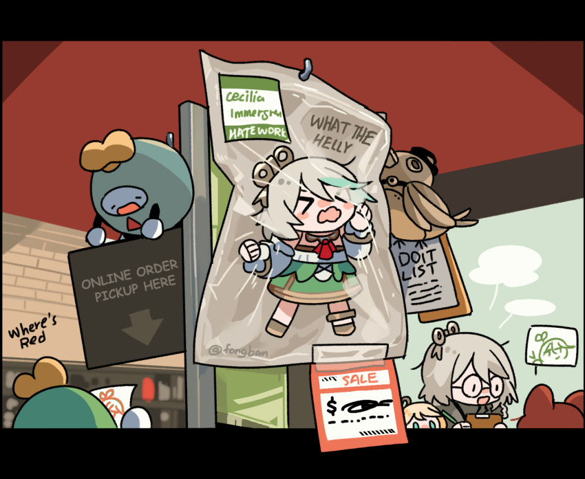 >_<, 1girl, cecilia_immergreen, chibi, commentary, doll_joints, fongban_illust, green_hair