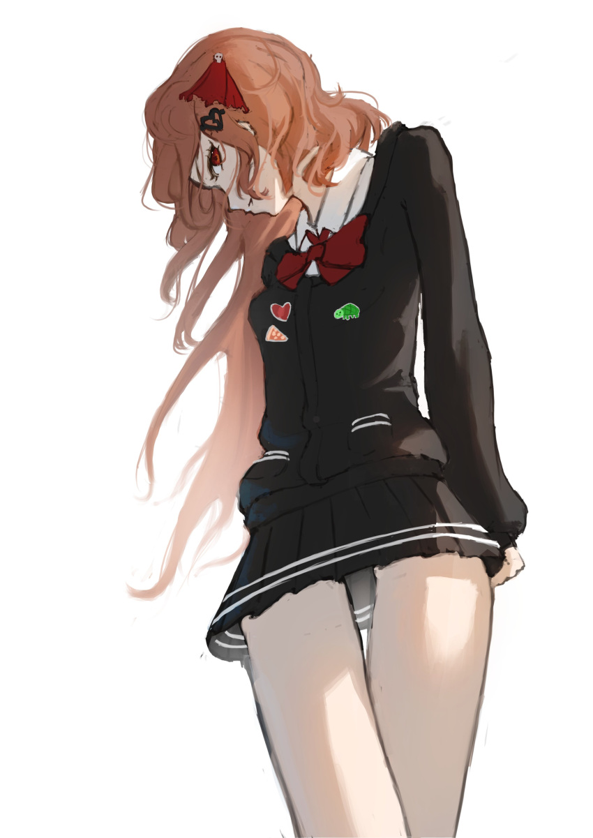 1girl, absurdres, badge, black_cardigan, black_skirt, bow, bowtie, breasts, broken_heart, broken_heart_hair_ornament, brown_hair, button_badge, cardigan, collared_shirt, commentary, cowboy_shot, crossed_legs, english_commentary, evil_neuro-sama, evil_neuro-sama_(1st_costume), freakynira, from_side, hair_ornament, heart, heart_hair_ornament, highres, long_hair, long_sleeves, looking_at_viewer, miniskirt, parted_lips, pleated_skirt, profile, red_bow, red_bowtie, red_eyes, red_ribbon, ribbon, shirt, simple_background, skirt, skull_hair_ornament, small_breasts, solo, standing, torn_hair_ribbon, two_side_up, v-neck, vedal_ai, virtual_youtuber, white_background, white_shirt