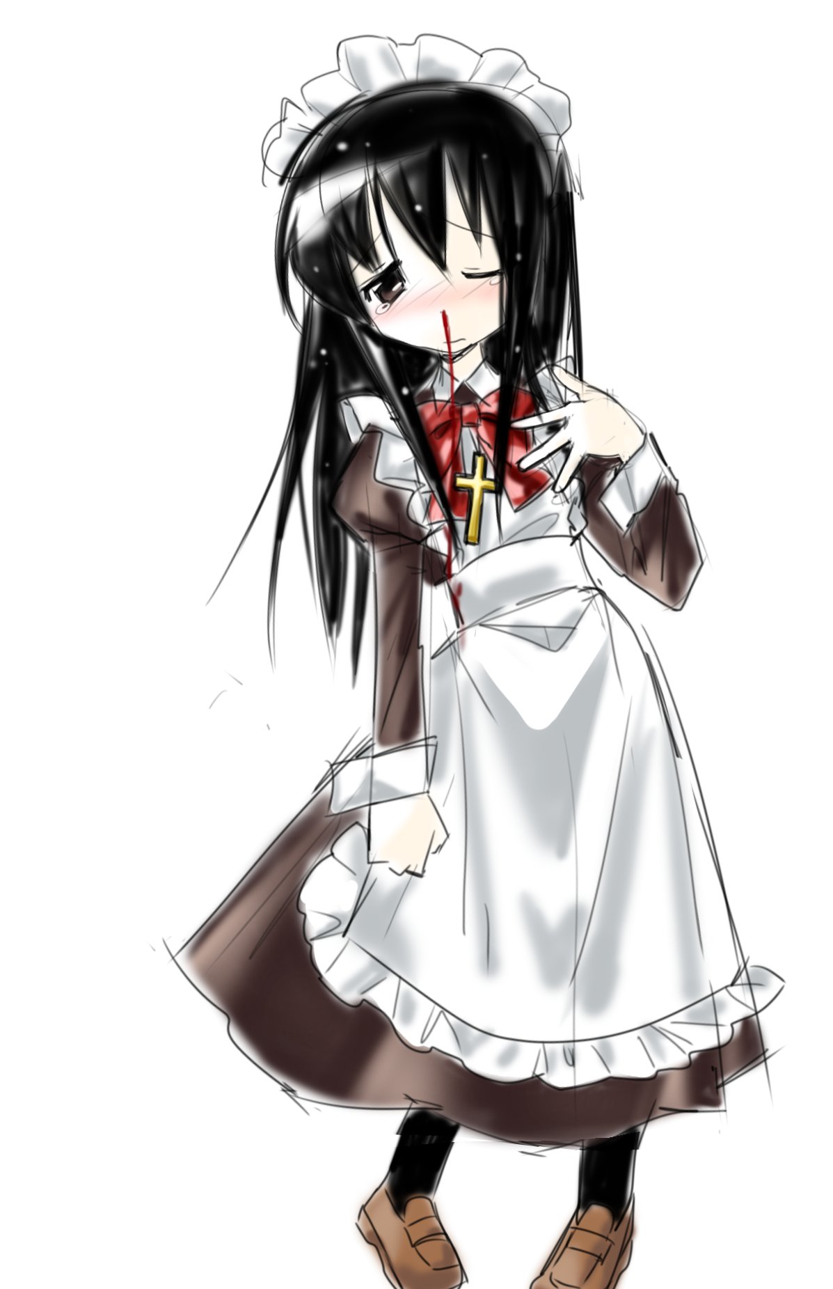 1girl, apron, black_hair, black_socks, blood, blush, blush_stickers, bow