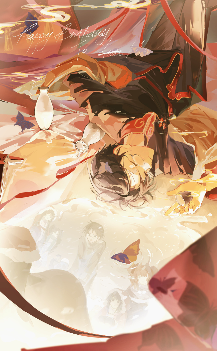 13165075695, 1boy, absurdres, ame-warashi_(xxxholic), black-framed_eyewear, black_hair, bottle, bug, butterfly, chinese_clothes, choko_(cup), closed_eyes, closed_mouth, commentary, cup, different_reflection, doumeki_shizuka, dutch_angle, english_commentary, english_text, from_above, glasses, gold_trim, happy_birthday, highres, holding, holding_cup, ichihara_yuuko, kunogi_himawari, lying, male_focus, mandarin_collar, on_back, reflection, reflective_liquid, round_eyewear, sake_bottle, short_hair, sleeping, smoke, smoke_trail, spilled_drink, watanuki_kimihiro, xxxholic, zashiki-warashi_(xxxholic)