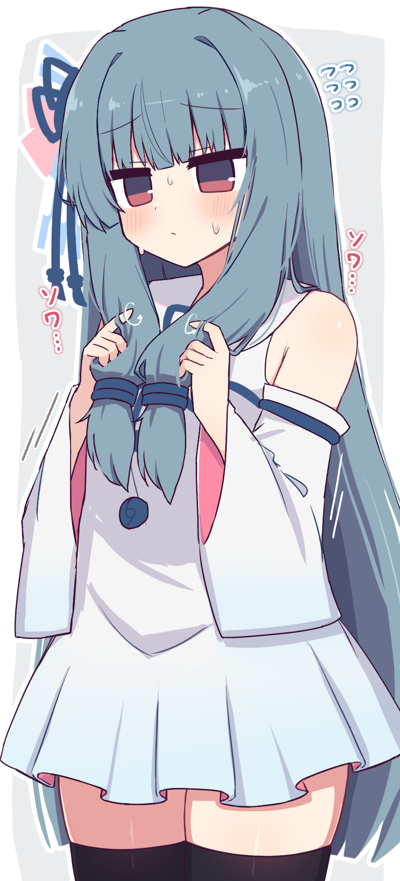 1girl, bare_shoulders, black_thighhighs, blunt_bangs, blush, border, closed_mouth, commentary