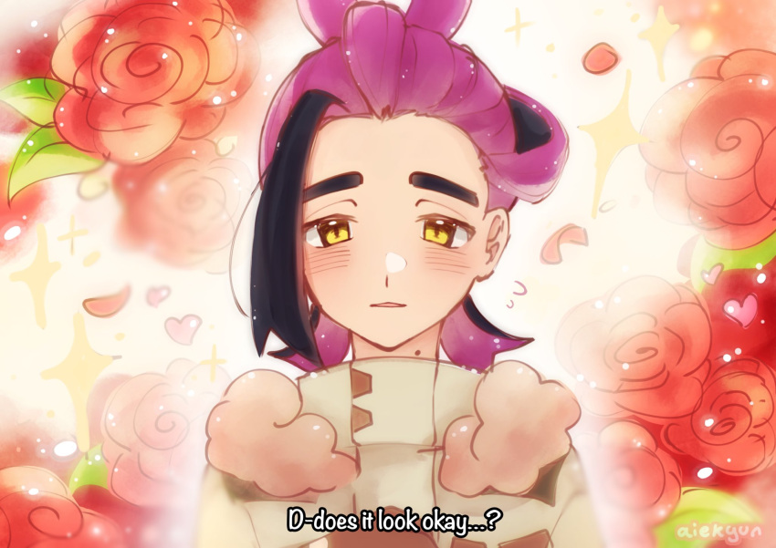 1boy, aiekyun, black_hair, blush, english_commentary, english_text, flower, flying_sweatdrops