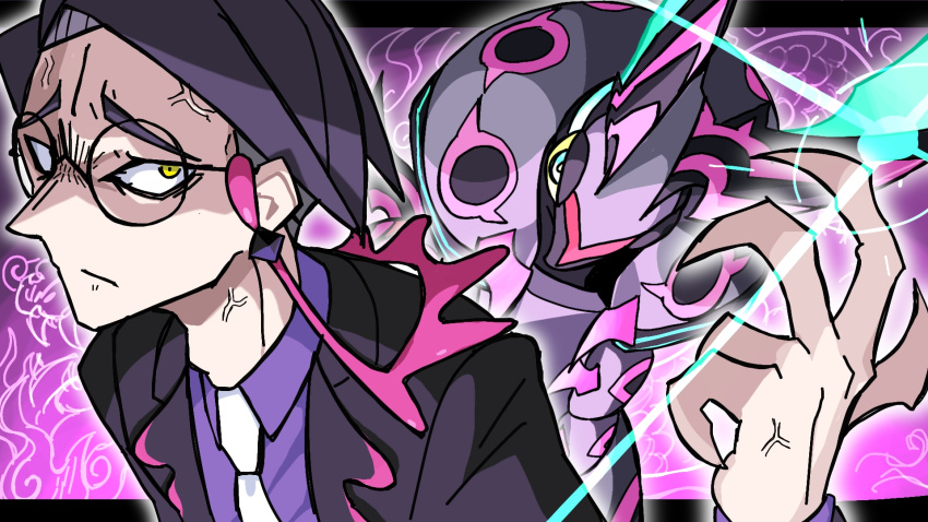 1boy, 3600gt, black_jacket, claws, closed_mouth, collared_shirt, commentary_request, corbeau_(pokemon)