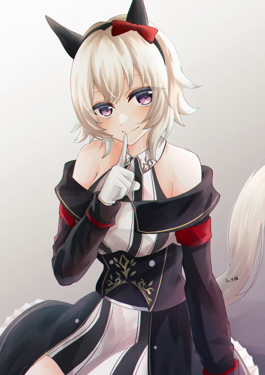 1girl, absurdres, akaikaede, animal_ears, bare_shoulders, black_hairband, blush, bow