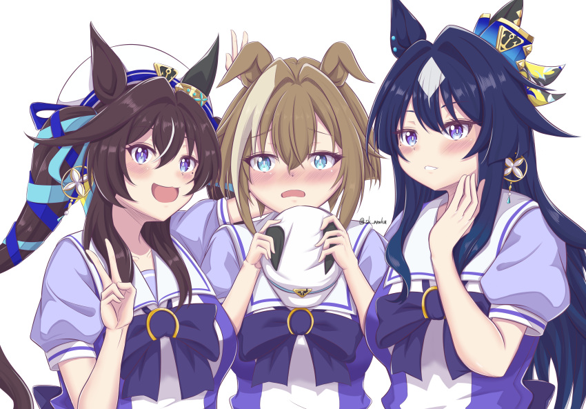3girls, :3, absurdres, animal_ears, beret, blue_eyes, blue_hair, blue_ribbon