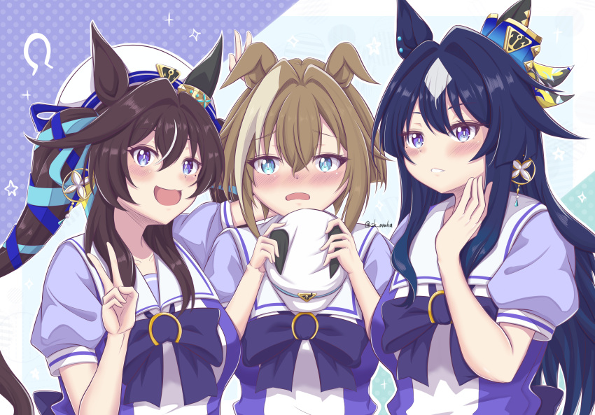 3girls, :3, absurdres, animal_ears, beret, blue_eyes, blue_hair, blue_ribbon